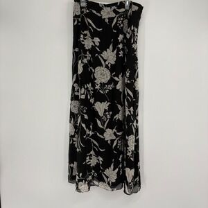 Madison Studio Skirt Womens 10 Black Floral 100% Silk Maxi Side Slit Zip Closure